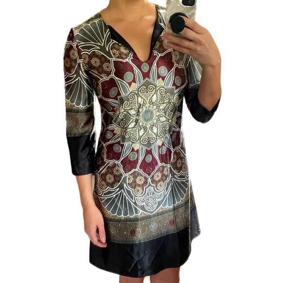 Dresses & Skirts - 3/4 Sleeve Silk Print Shift Dress Multicolor Size S